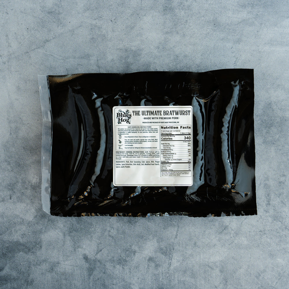 
                  
                    Back of Blues Hog bratwurst packaging with label, safe handling instructions, ingredients list, and nutrition information
                  
                