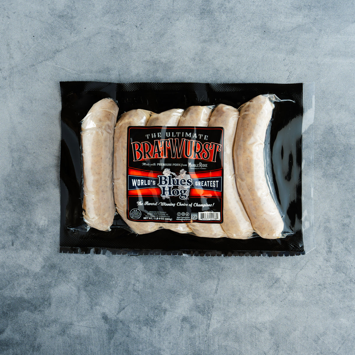 Front of Blues Hog bratwurst packaging with product label