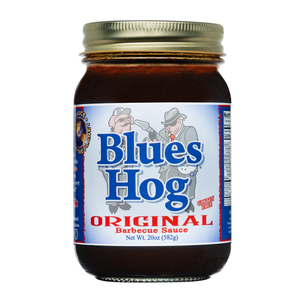 Front view of a pint jar of Blues Hog Original barbecue sauce.
