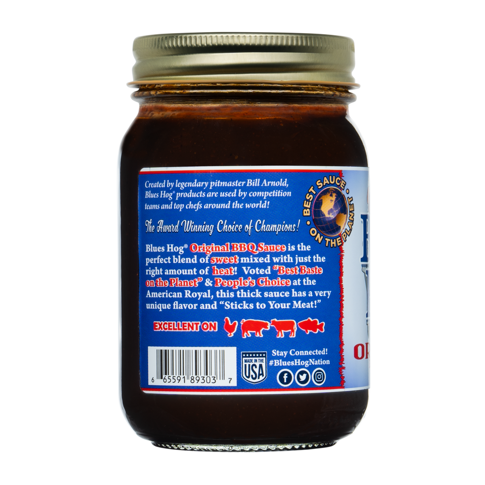Right side of a pint jar of Blues Hog Original barbecue sauce.