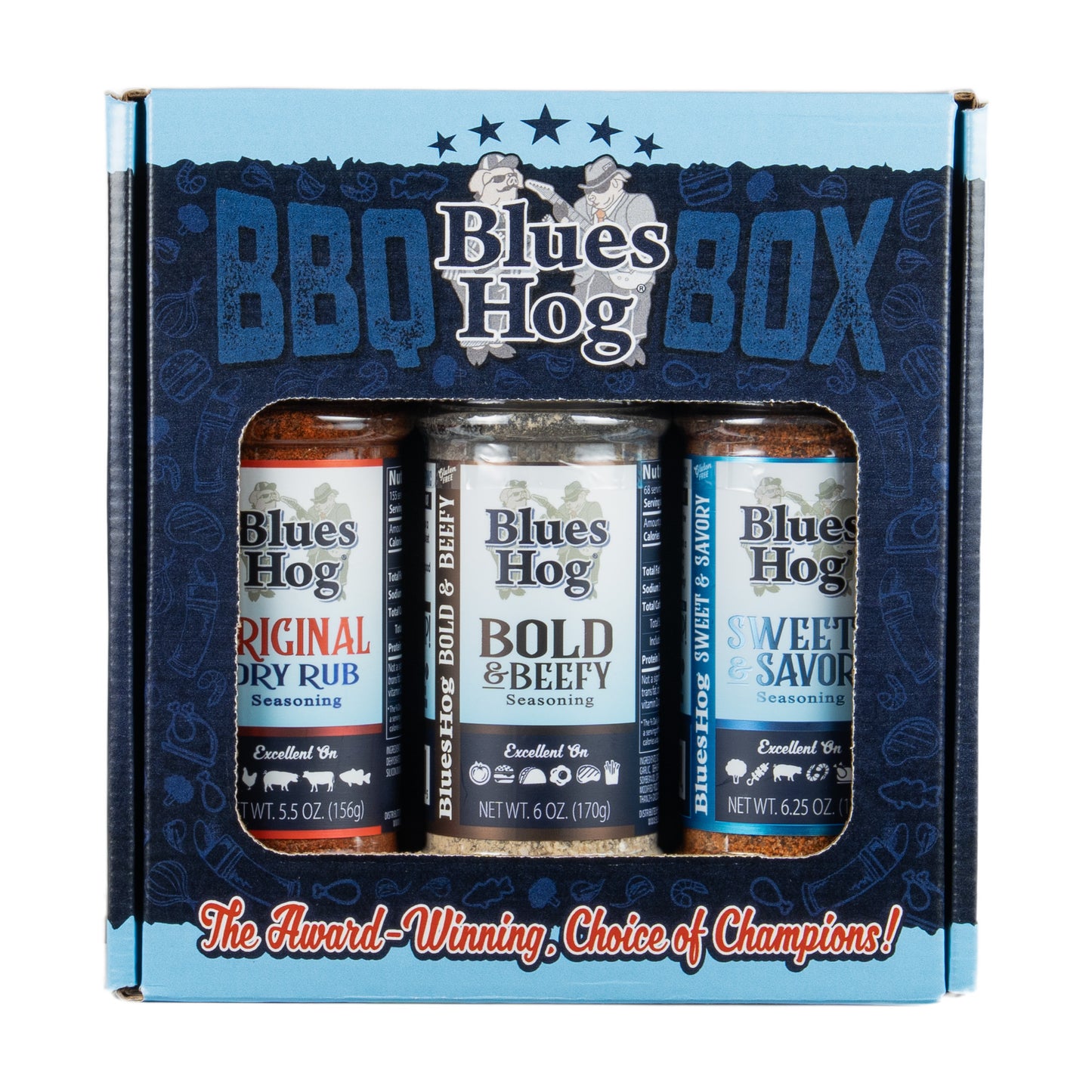 Blues Hog Seasonings BBQ Box – Original, Bold & Beefy & Sweet & Savory Variety Pack – All‑Natural Dry Rub Gift Set, Gluten‑Free, Made in the USA - Blues Hog