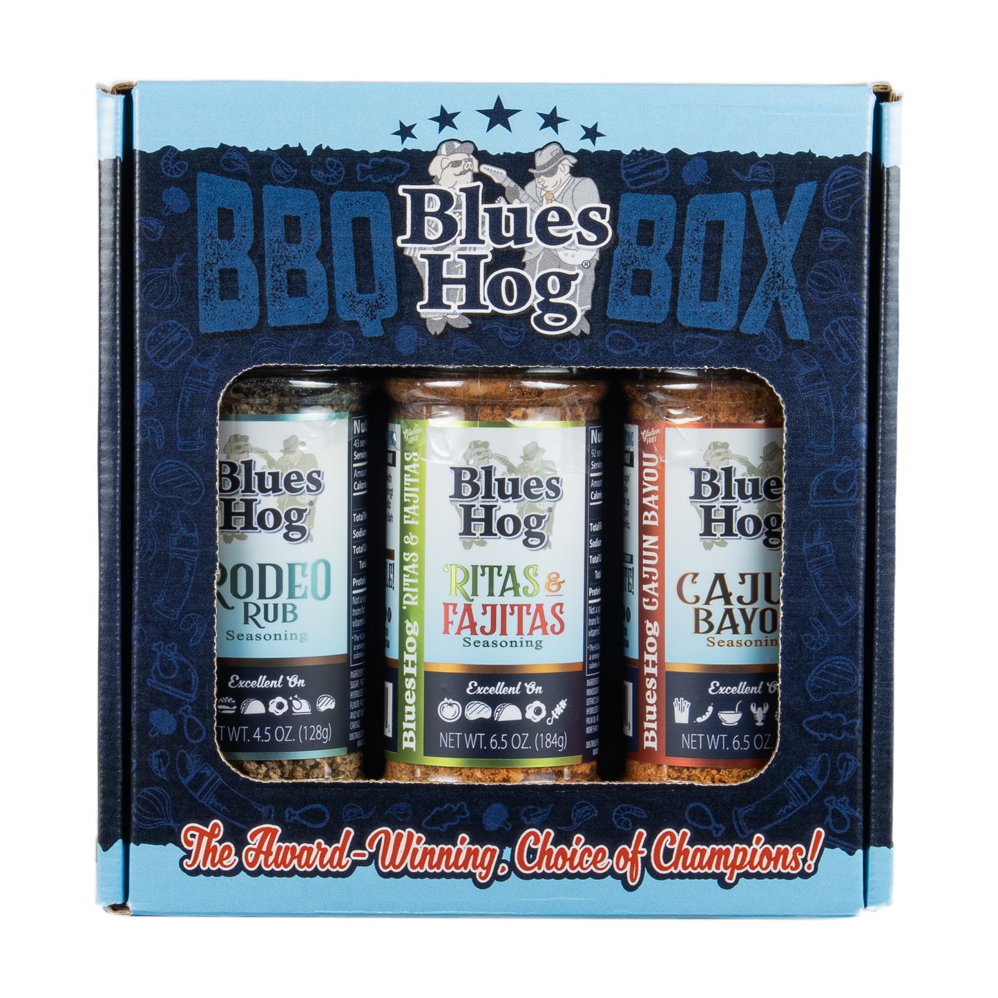 Blues Hog Seasonings BBQ Box – Cajun Bayou, Ritas & Fajitas & Rodeo Rub Variety Pack | All‑Natural & Made in the USA - Blues Hog