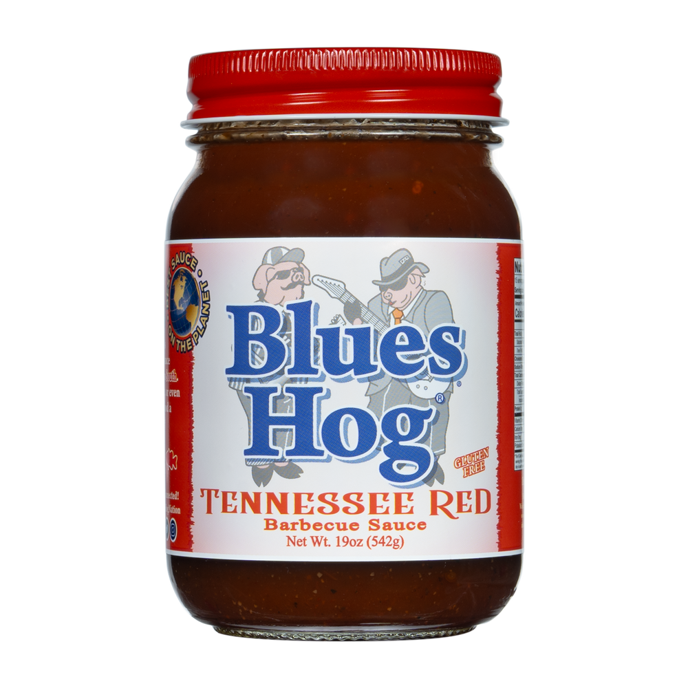 Front of a pint jar of Blues Hog Tennessee Red barbecue sauce.
