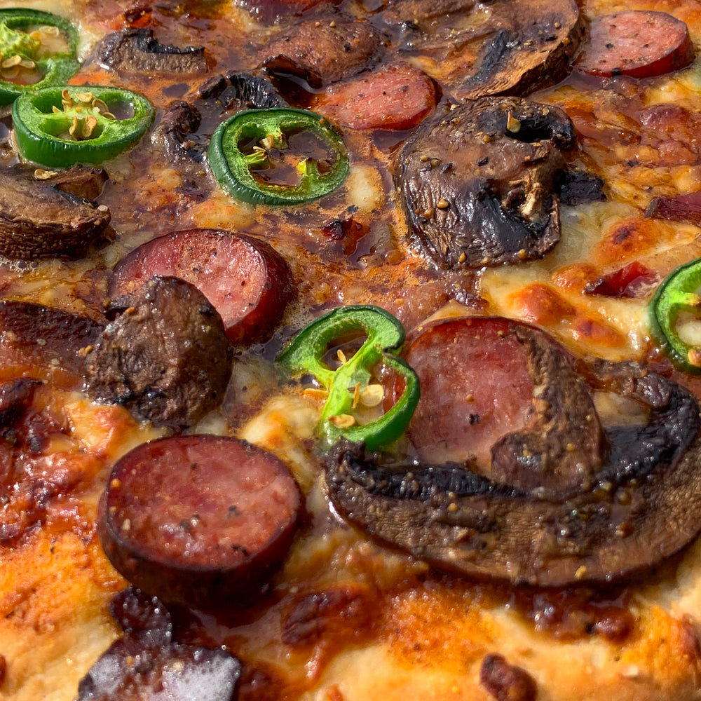 Mushroom, Bacon, Sweet & Savory Sausage Pizza