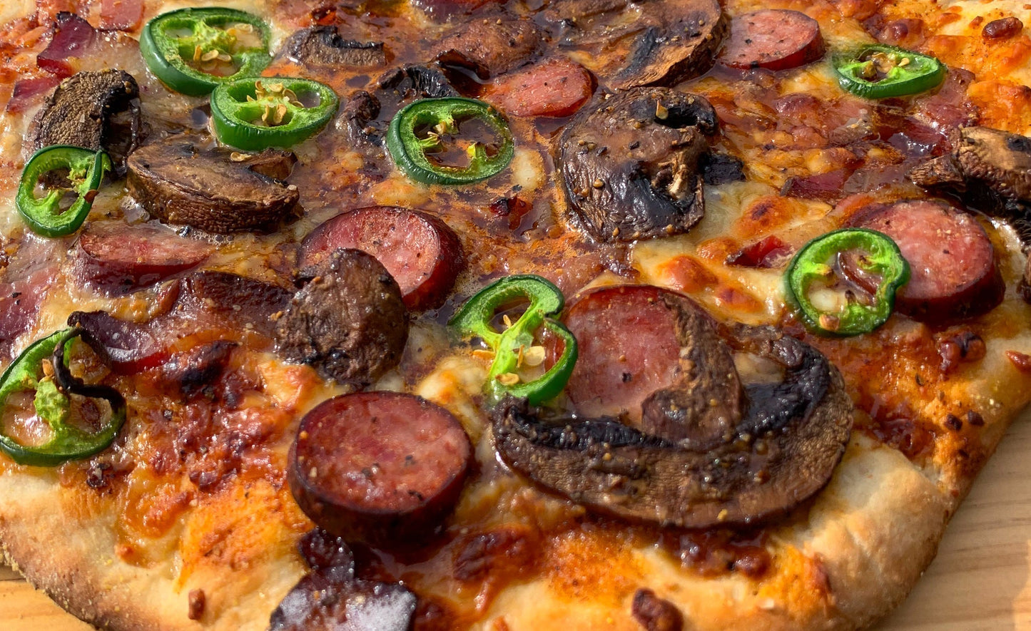 Mushroom, Bacon, Sweet & Savory Sausage Pizza