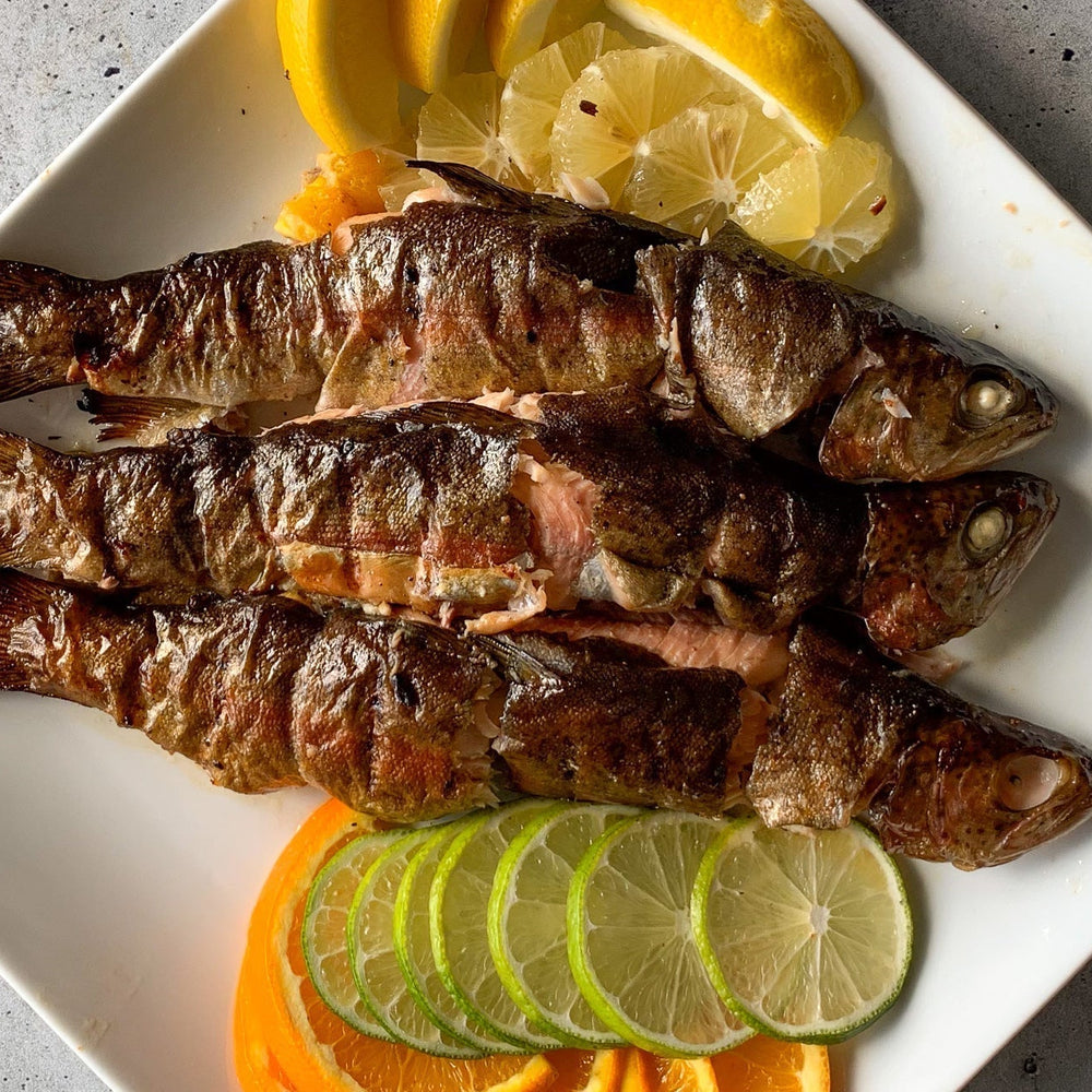 Smoked trout on a plate with orange, lemon, and lime slices