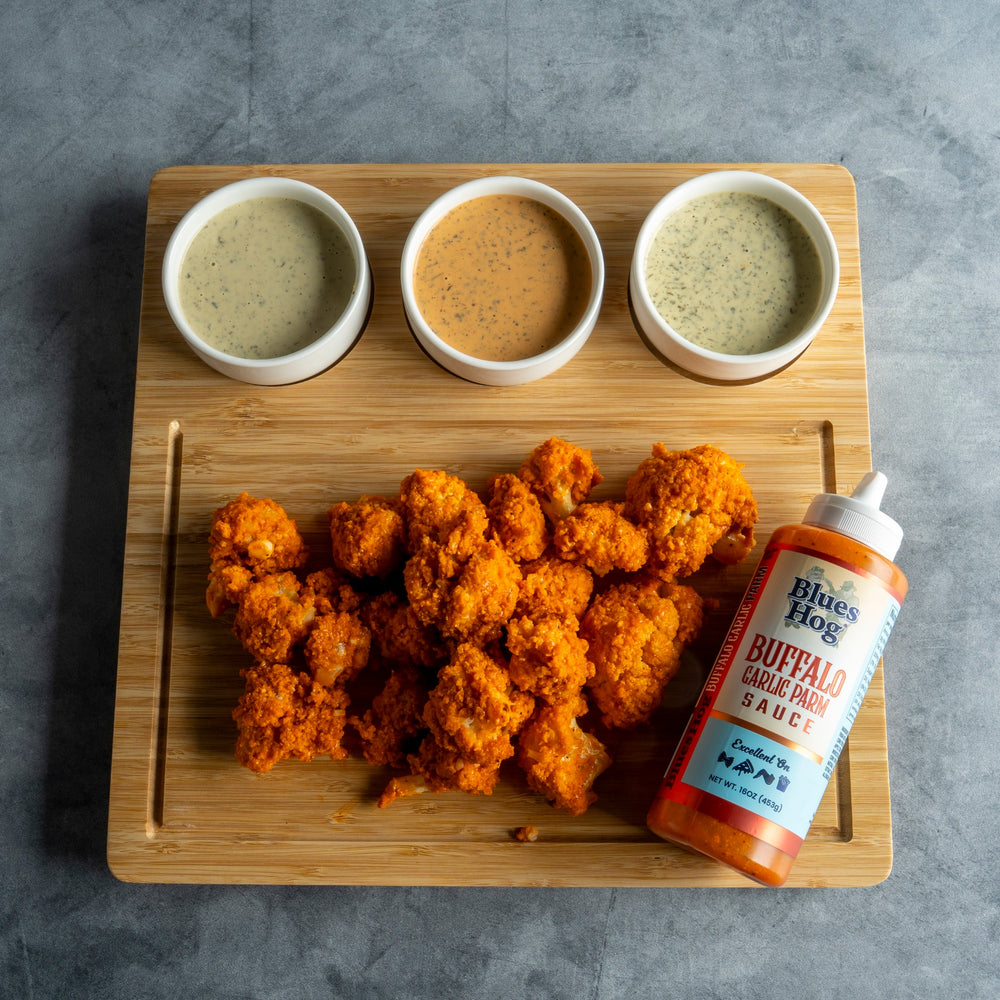 Buffalo Garlic Parmesan Breaded Cauliflower Bites