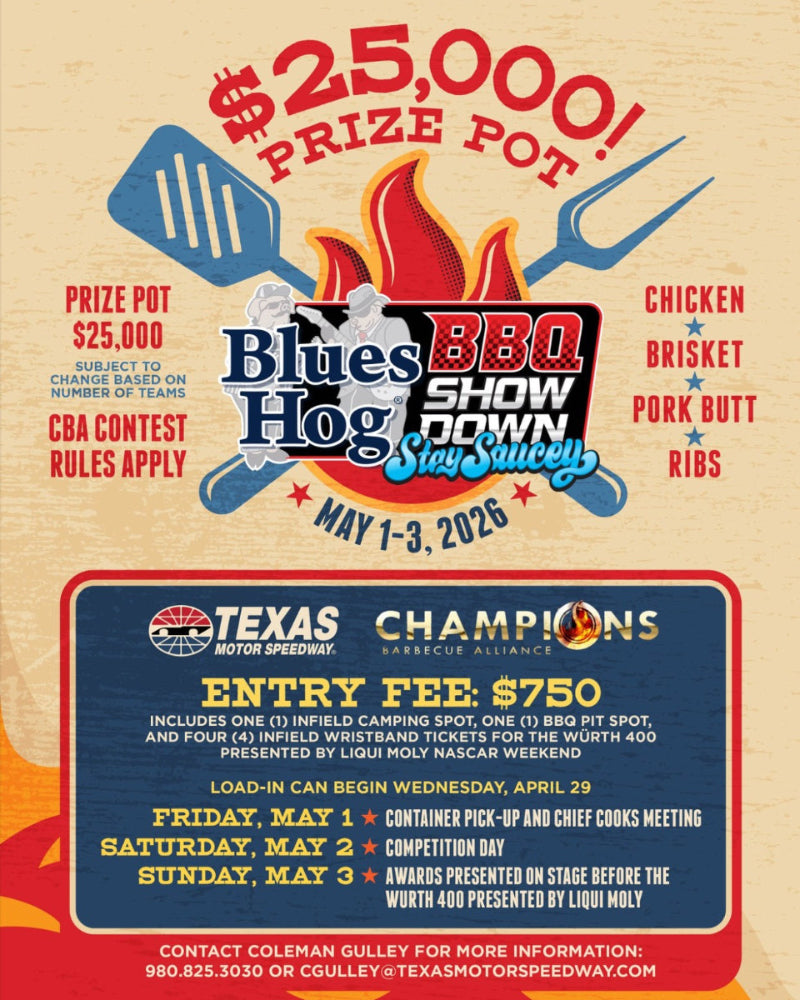 Promotional flyer for Blues Hog BBQ Showdown featuring prize pot details and entry fee information