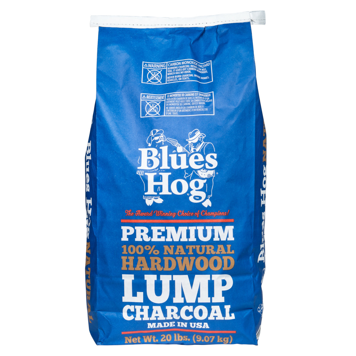The front of a a bag of Blues Hog Lump Charcoal