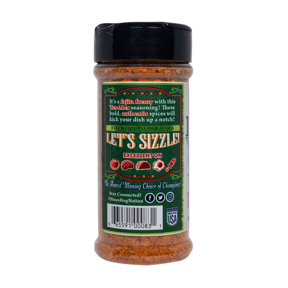 The right side of a bottle of Blues Hog 'Ritas & Fajitas Seasoning. The label shows a product description and UPC code.  