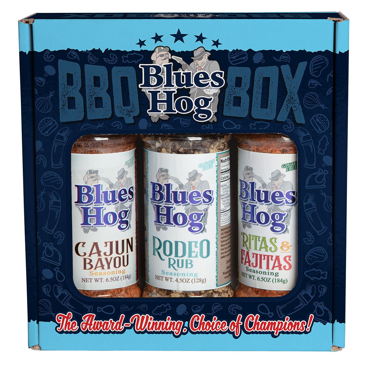Seasonings BBQ Box - Cajun Bayou, Ritas & Fajitas, and Rodeo Rub - Blues Hog